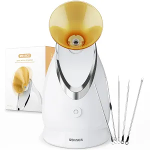 EZBASICS Facial Steamer Ionic Face Steamer for Home Facial, Warm Mist Humidifier Atomizer for Face Sauna Spa Sinuses Moisturizing, Unclogs Pores, 1 Pack   5 Stainless Steel Skin Kit Golden Yellow