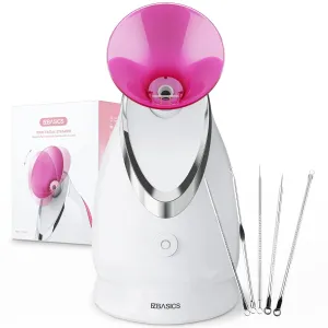 EZBASICS Facial Steamer Ionic Face Steamer for Home Facial, Warm Mist Humidifier Atomizer for Face Sauna Spa Sinuses Moisturizing, Unclogs Pores, 1 Pack   5 Stainless Steel Skin Kit Pink
