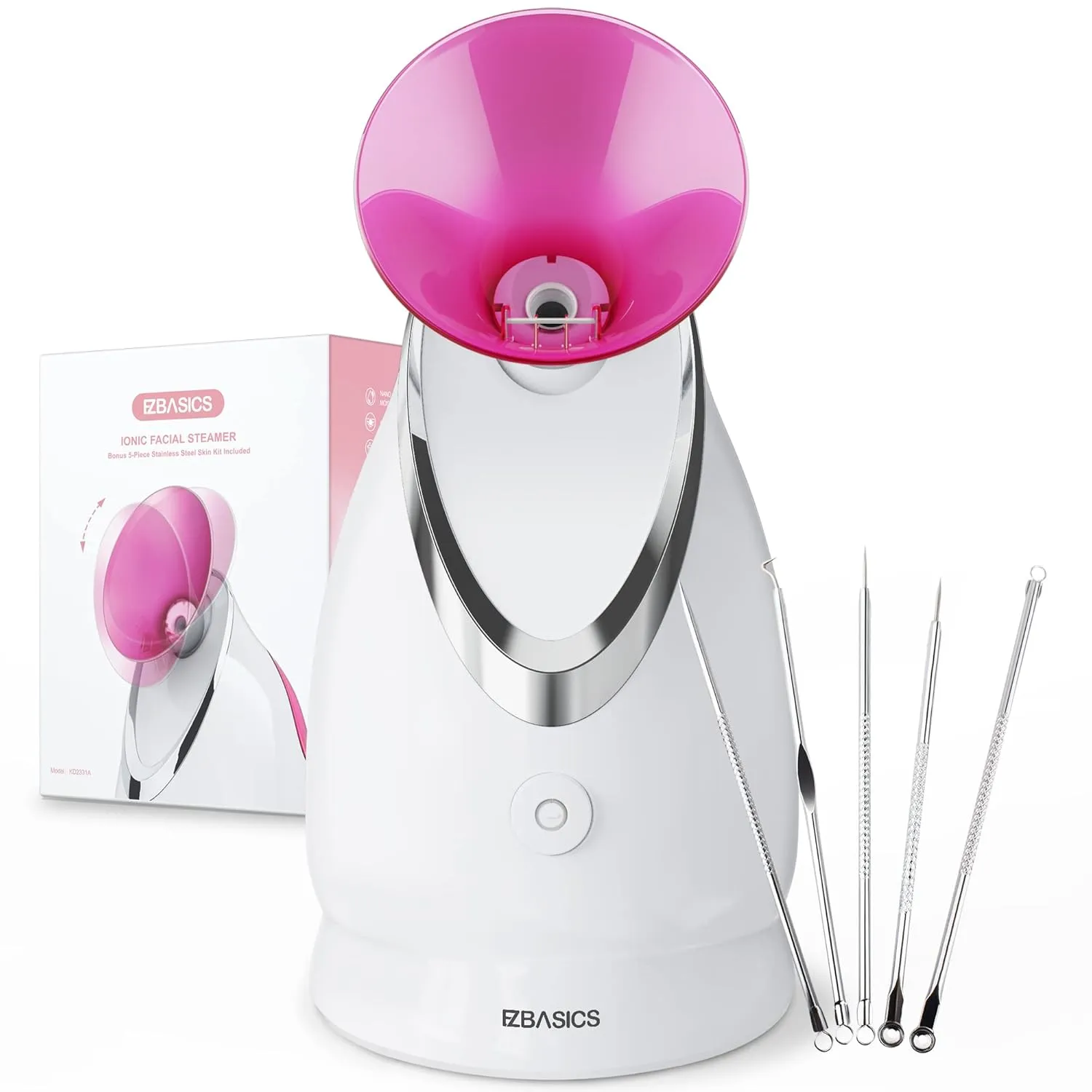 EZBASICS Facial Steamer Ionic Face Steamer for Home Facial, Warm Mist Humidifier Atomizer for Face Sauna Spa Sinuses Moisturizing, Unclogs Pores, 1 Pack   5 Stainless Steel Skin Kit Pink