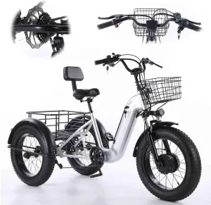 Fat Tire Adult Tricycle with Wider Seat and 48V/12Ah Battery - 3 Wheel Bike for Seniors, Women, Men - Cargo Basket, Lockable Battery - Comfortable Ride for All Riders - 20 Inch Cruiser Wheels