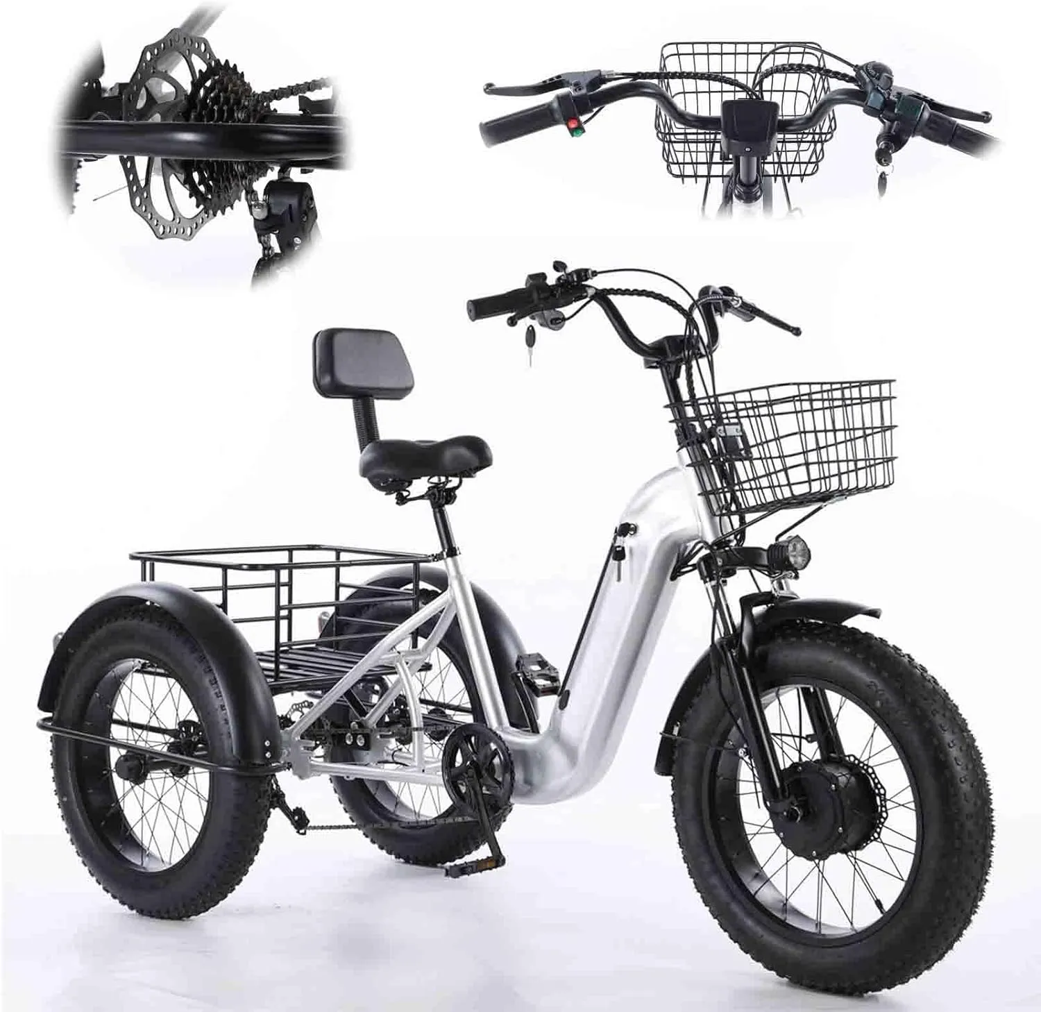 Fat Tire Adult Tricycle with Wider Seat and 48V/12Ah Battery - 3 Wheel Bike for Seniors, Women, Men - Cargo Basket, Lockable Battery - Comfortable Ride for All Riders - 20 Inch Cruiser Wheels