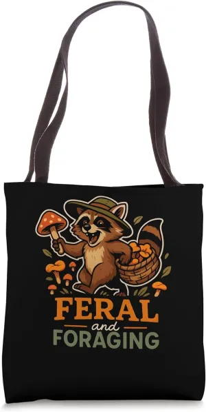 Feral And Foraging Cute Raccoon With Mushrooms Foraging Tote Bag