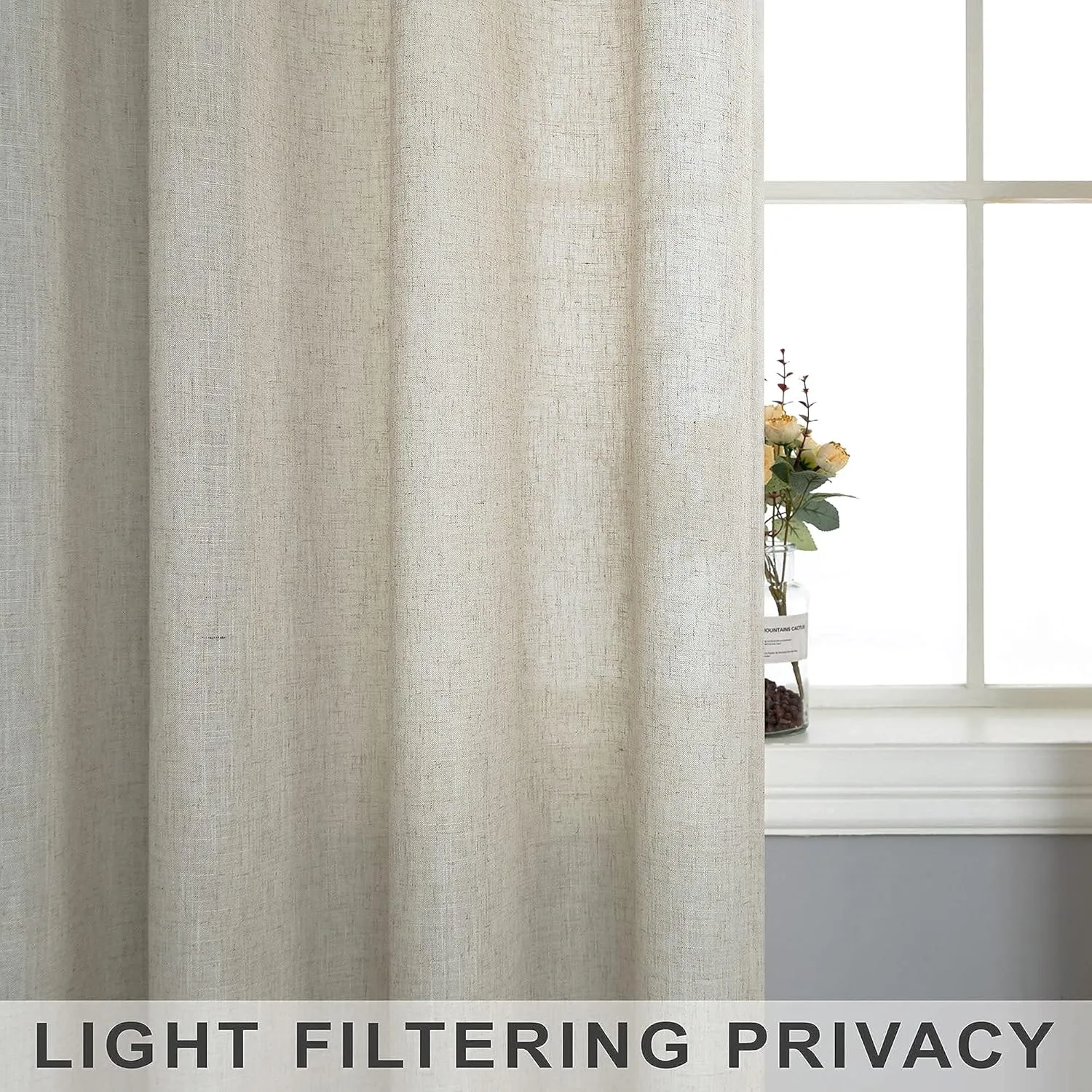Flax Linen Curtains 84 Inch Length for Living Room 2 Panel Set Rod Pocket Sack Tweed Cotton Cloth Look Semi Sheer Beige Tan Curtain for Bedroom Earth Tone Primitive Burlap Farmhouse Cozy Western Decor
