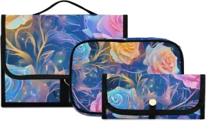 Foldable Hanging Travel Toiletry Organizer Set 3-Piece with Cosmetic Bag & Brush Holder - Cute Roses (1)