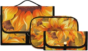 Foldable Hanging Travel Toiletry Organizer Set 3-Piece with Cosmetic Bag & Brush Holder - Sunflower (21)