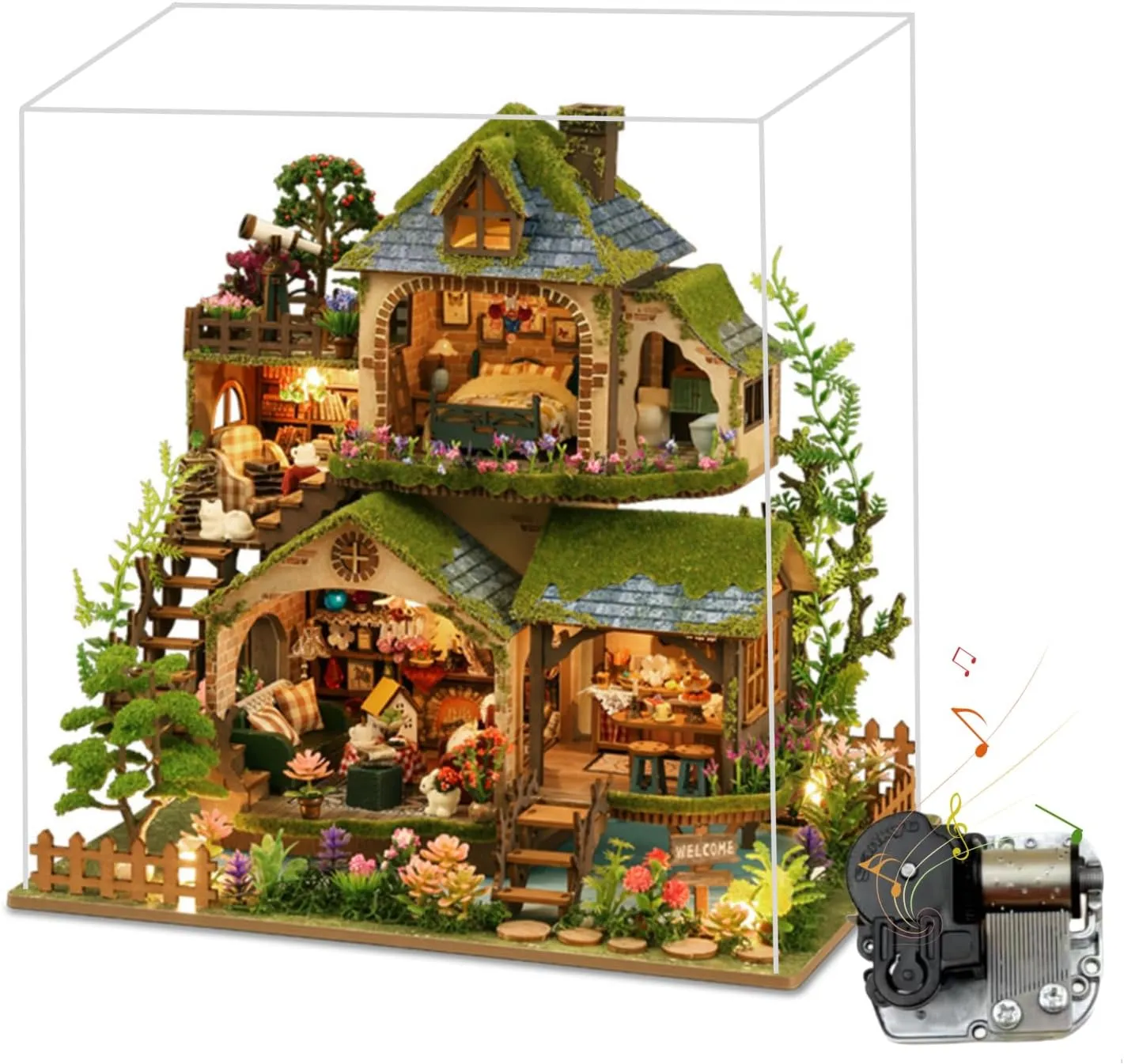 Forest Adventure DIY Miniature Dollhouse Kit | Two-Story Rustic Scene | Covered in Greenery & Cozy Decor (Classic Edition)