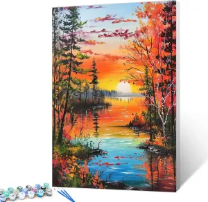 Forest at Sunset Oil Paint by Number Kits 16 x 20 inch Summer Landscape DIY Paintwork Tropical Plants Oil Painting for Adults Beginner with Brushes and Acrylic Art Home Office Decor (DIY Frame)
