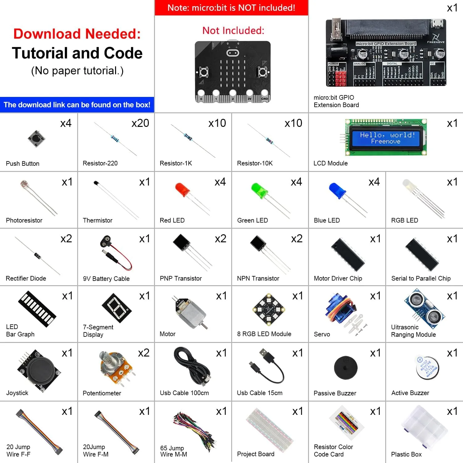 Freenove Super Starter Kit for BBC Micro:bit (Not Included, Works with V1 & V2), 266-Page Detailed Tutorial, 191 Items, 38 Projects, Blocks and Python Code
