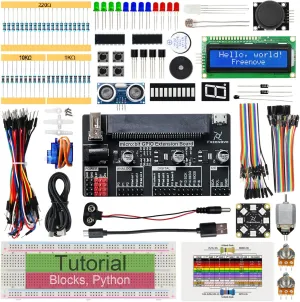 Freenove Super Starter Kit for BBC Micro:bit (Not Included, Works with V1 & V2), 266-Page Detailed Tutorial, 191 Items, 38 Projects, Blocks and Python Code
