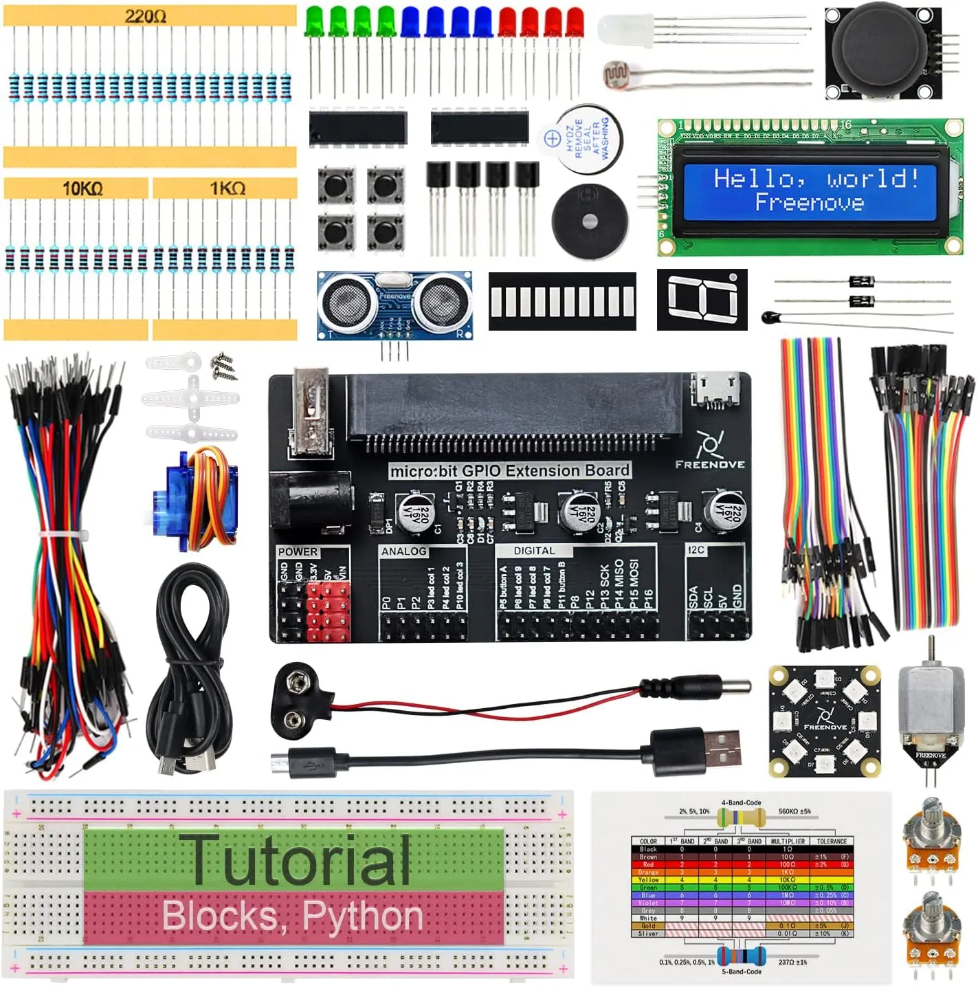 Freenove Super Starter Kit for BBC Micro:bit (Not Included, Works with V1 & V2), 266-Page Detailed Tutorial, 191 Items, 38 Projects, Blocks and Python Code