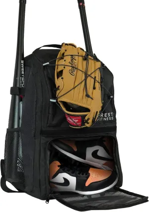 FREST Fitness Athletic Baseball Bag,Adult & Youth Baseball Bag, TBall Bat Bag, Softball Bag,Baseball Travel Backpack with Fence Hook, Easy Access Pockets & Elastic Band,Fits Most Bat Sizes (Black)