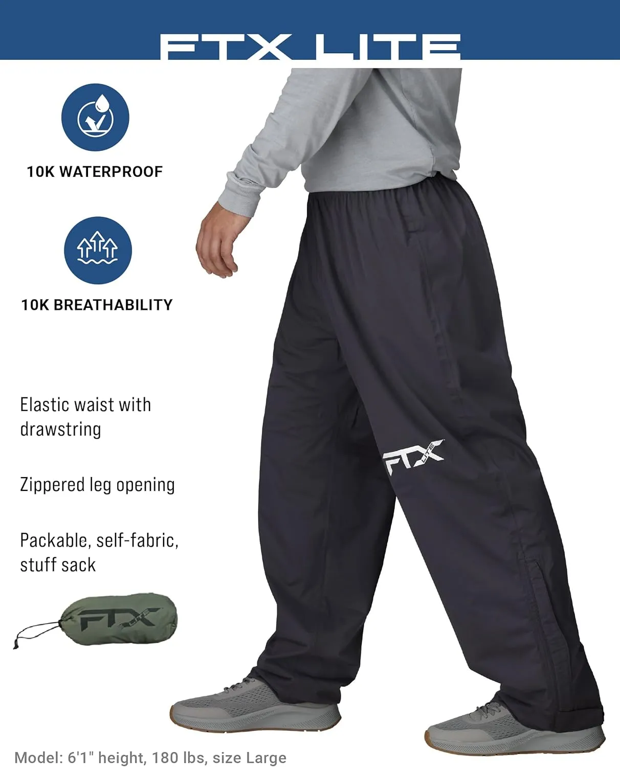 FROGG TOGGS Men's Ftx Lite Waterproof Rain Pant, Breathable, Comfort Stretch
