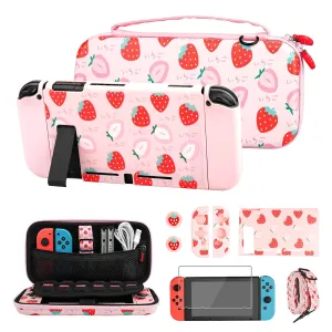 FUNDIARY Pink Travel Carrying Case for Nintendo Switch with Strawberry Design, Shockproof Accessories Kit with Slim Portable Storage Bag, Dockable Case, Screen Protector, Shoulder Strap & 2 Thumb Caps