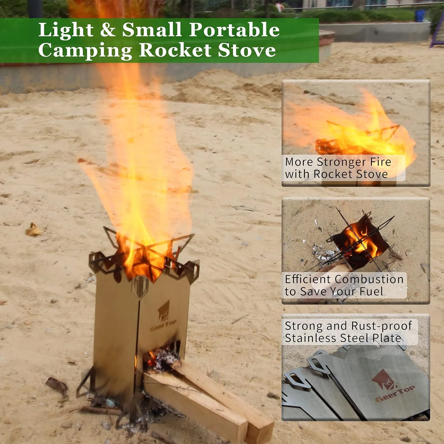 GEERTOP Wood Burning Camping Rocket Stove, Portable Backpacking Stainless Steel Wood Stove Camping Gear Accessories for Emergency Survival Outdoor Hiking Travel Picnic BBQ