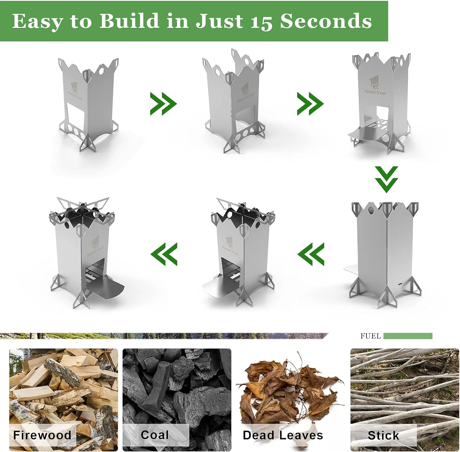 GEERTOP Wood Burning Camping Rocket Stove, Portable Backpacking Stainless Steel Wood Stove Camping Gear Accessories for Emergency Survival Outdoor Hiking Travel Picnic BBQ