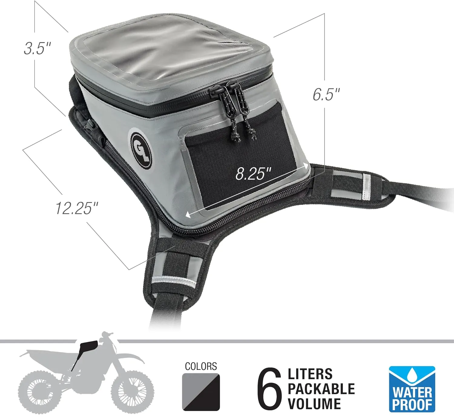 Giant Loop Diablo Tank Bag, Gray Waterproof Motorcycle Tank Bag, 6-Liters Capacity for Small Items, Fits Any Dirt Bike, Snow Bike, Adventure, Dual Sport & More