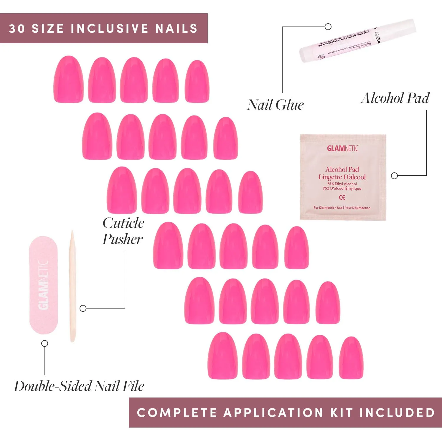 Glamnetic Press On Nails - Hot Pink | Opaque Bright Neon Pink Short Oval Fake Nails, Reusable | 15 Sizes - 30 Nail Kit