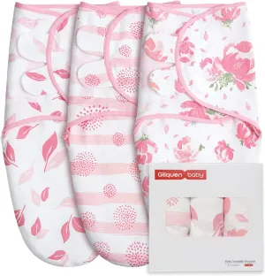 GLLQUEN BABY Girl Swaddles 0-3 Months - 3 Pack Baby Swaddles Sack for Newborn, Infant Sleep Sack, Easy Swaddling Wrap, A Pink Florals, Nursery Swaddle Blankets Essentials