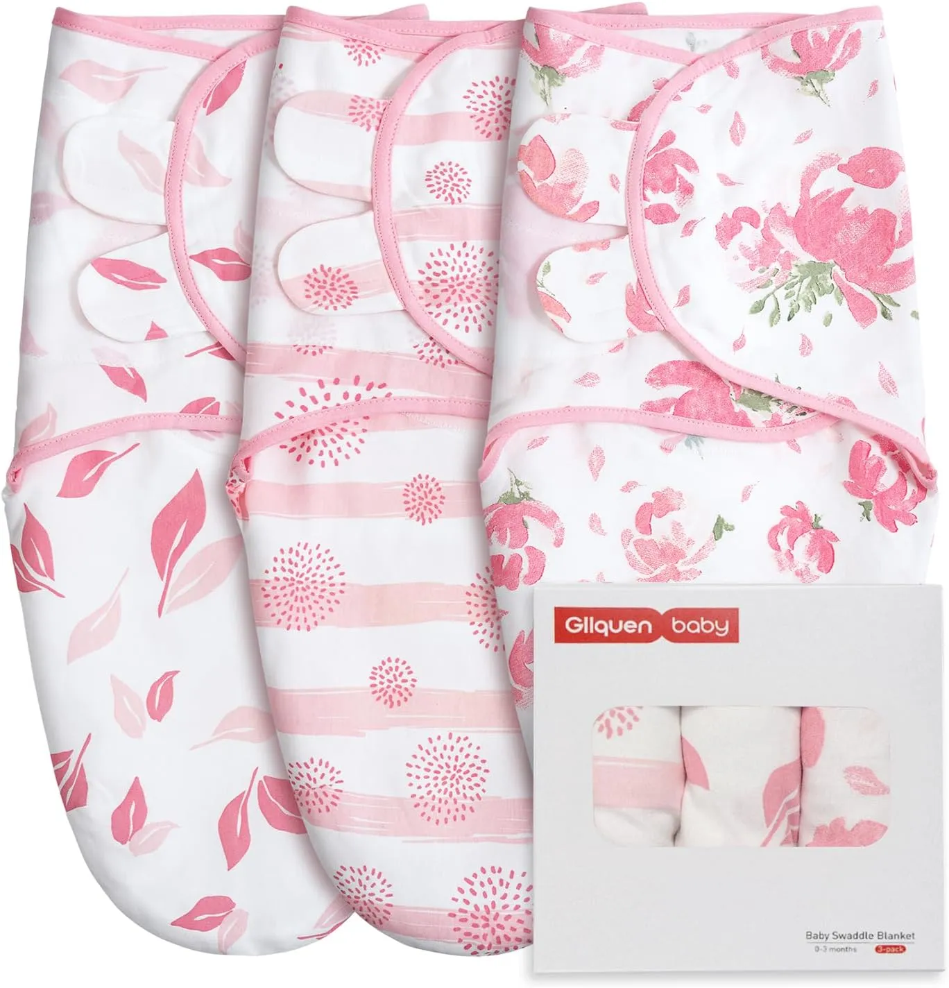 GLLQUEN BABY Girl Swaddles 0-3 Months - 3 Pack Baby Swaddles Sack for Newborn, Infant Sleep Sack, Easy Swaddling Wrap, A Pink Florals, Nursery Swaddle Blankets Essentials