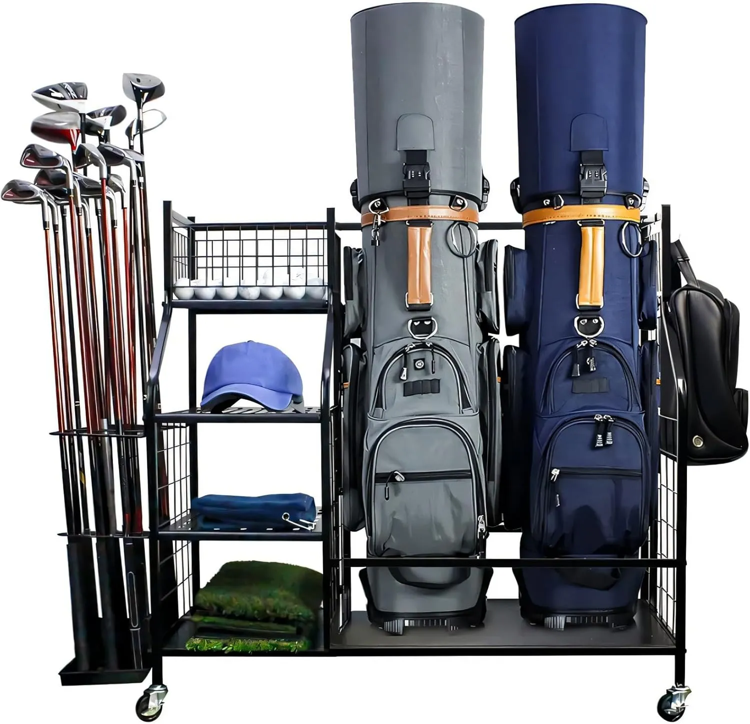 Golf Bag Organizer Garage Storage, Extra Large Size Golf Bag Rack Stand Holder with Lockable Wheels Fits 2 Golf Bags and Other Golfing Equipment Accessories for Garage, Club, Shed, Basement