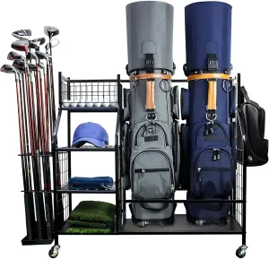 Golf Bag Organizer Garage Storage, Extra Large Size Golf Bag Rack Stand Holder with Lockable Wheels Fits 2 Golf Bags and Other Golfing Equipment Accessories for Garage, Club, Shed, Basement