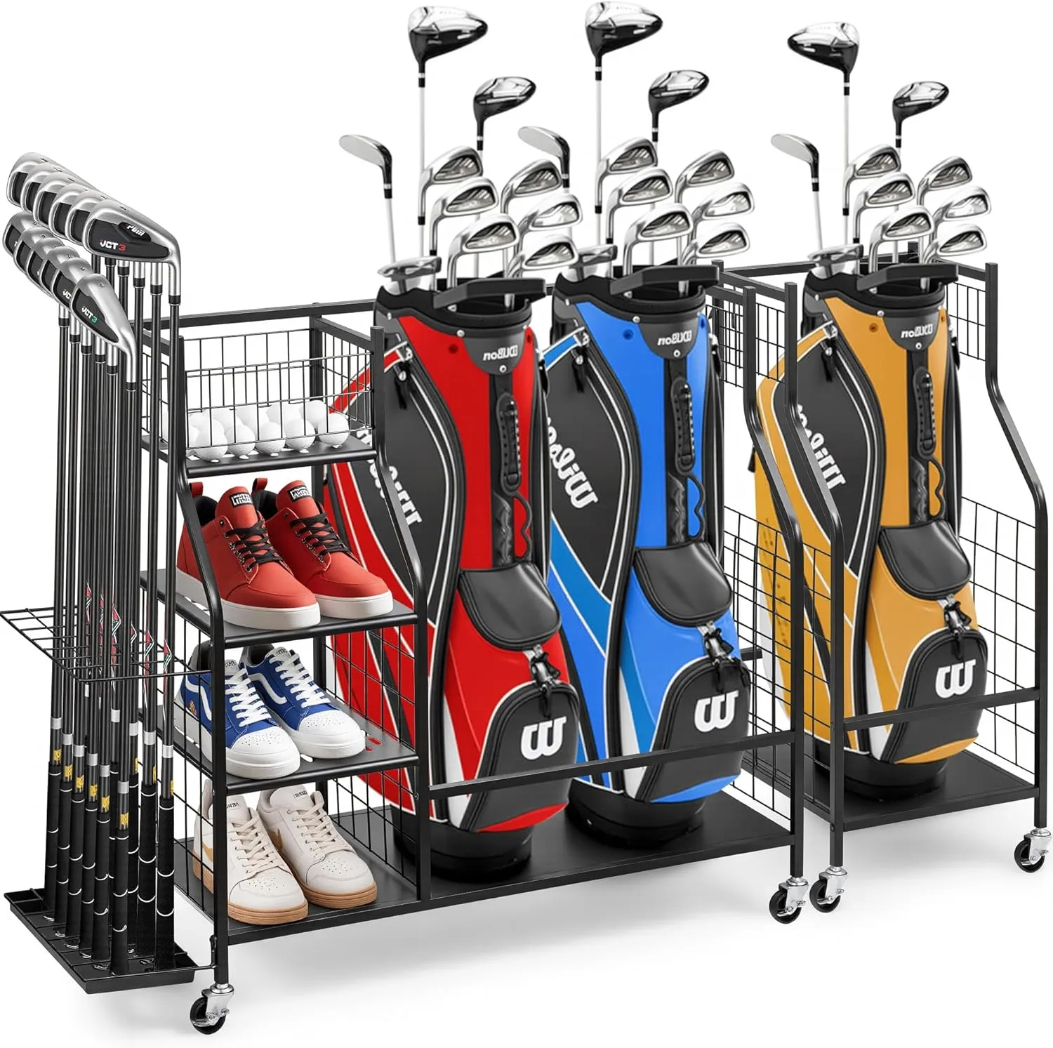 Golf Bag Storage Garage Organizer, Golf Bag Stand for Golf Clubs, Golf Balls, Golf Equipment Accessories, Extra Storage Rack for Golf Clubs with Wheels