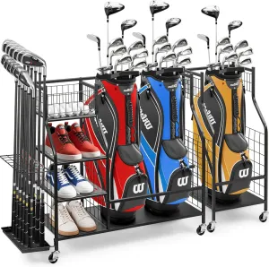 Golf Bag Storage Garage Organizer, Golf Bag Stand for Golf Clubs, Golf Balls, Golf Equipment Accessories, Extra Storage Rack for Golf Clubs with Wheels