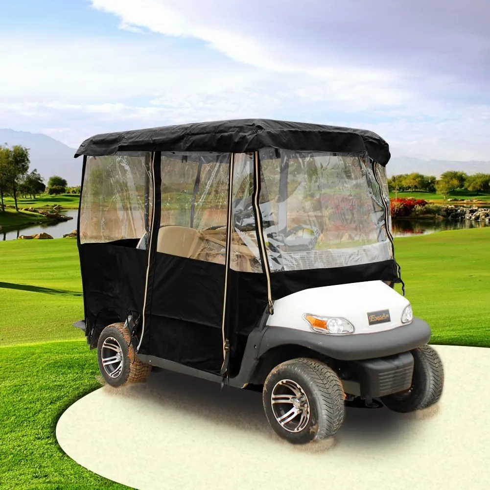 Golf Cart Enclosure 4 Passenger, 4-Sided Golf Cart Driving Enclosure, Waterproof Portable 300D Golf Cart Rain Cover Black