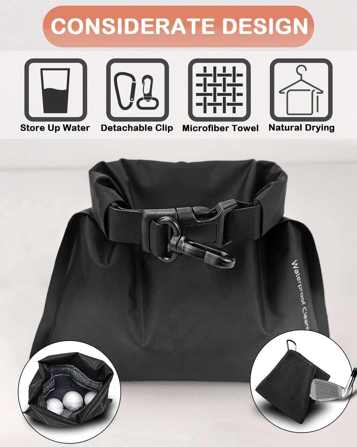 Golf Club and Ball Cleaning Pouch with Attached Towel, Waterproof Cleaning Bag for Cleaning Club Grooves, can Store Water, Detachable Clip, Machine Washable