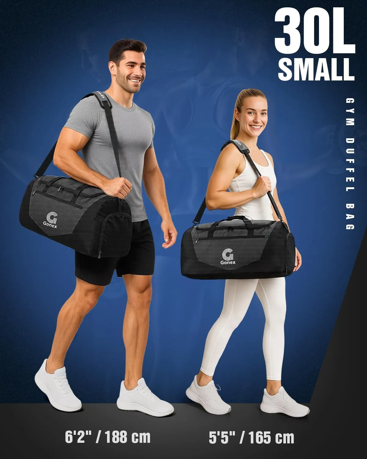 Gonex Gym Duffel Bag with Shoe Compartment Wet Pocket, Large Capacity Sports Duffle Bag for Men Women, Workout & Travel Bag with Multiple Pockets, Black, Small (30L)