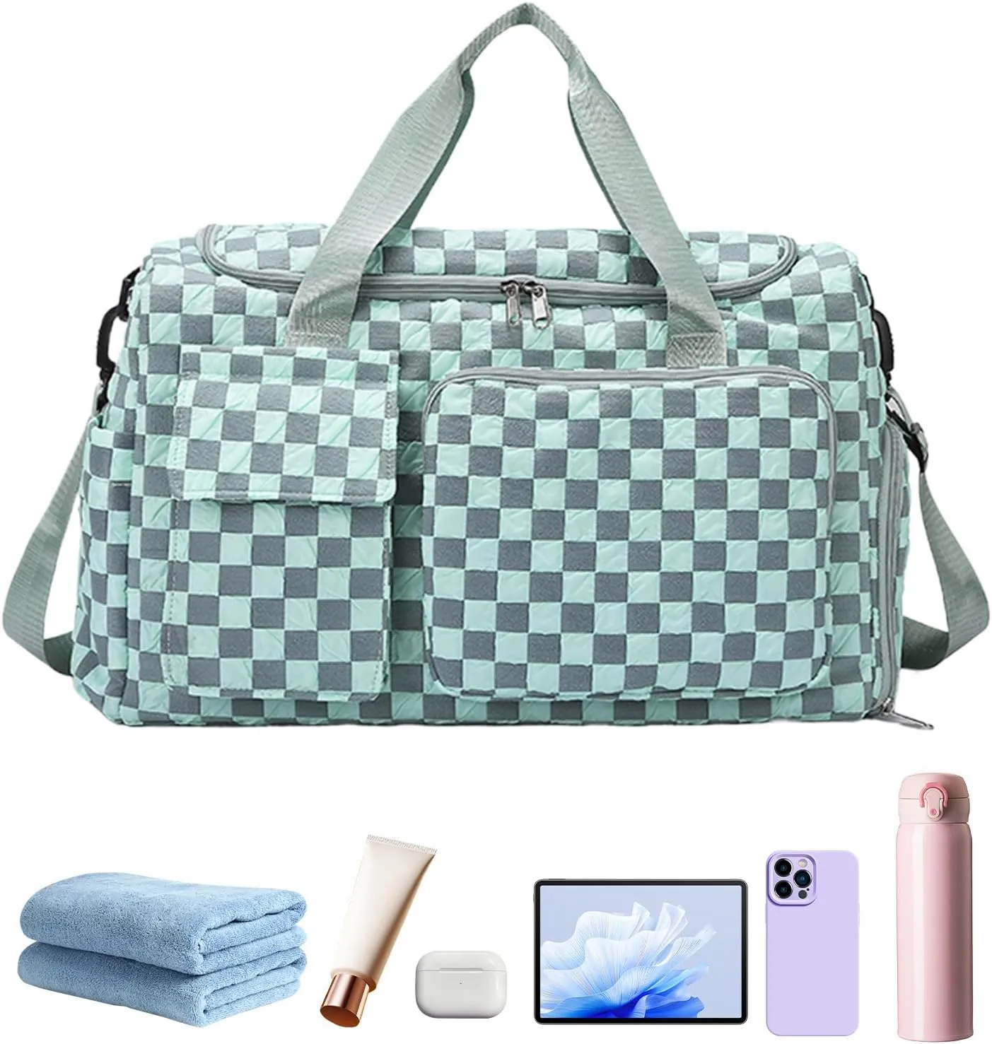 Gym Bag - Large Camping Trip Pouch | Waterproof Plaid Travel Bag with Shoe Compartment for Camping Swimming Beach Swim Pool Sports Gym