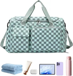 Gym Bag - Large Camping Trip Pouch | Waterproof Plaid Travel Bag with Shoe Compartment for Camping Swimming Beach Swim Pool Sports Gym