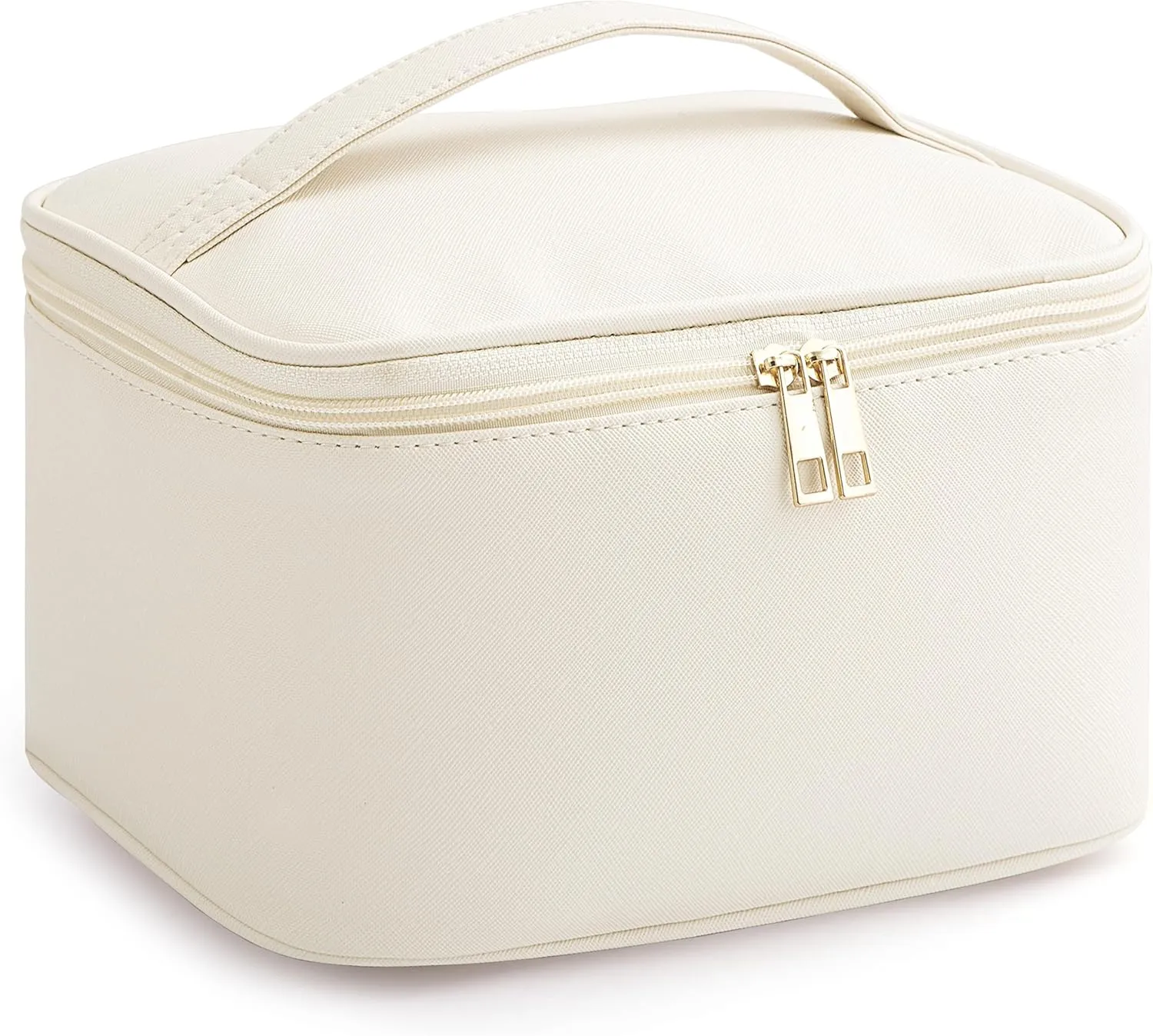 HBlife Travel Makeup Bag Portable Cute Leather Cosmetic Bag Large Make Up Bag Makeup Case Organizer Toiletry Bag for Women Girls with Handle and Removable Divider (Beige)