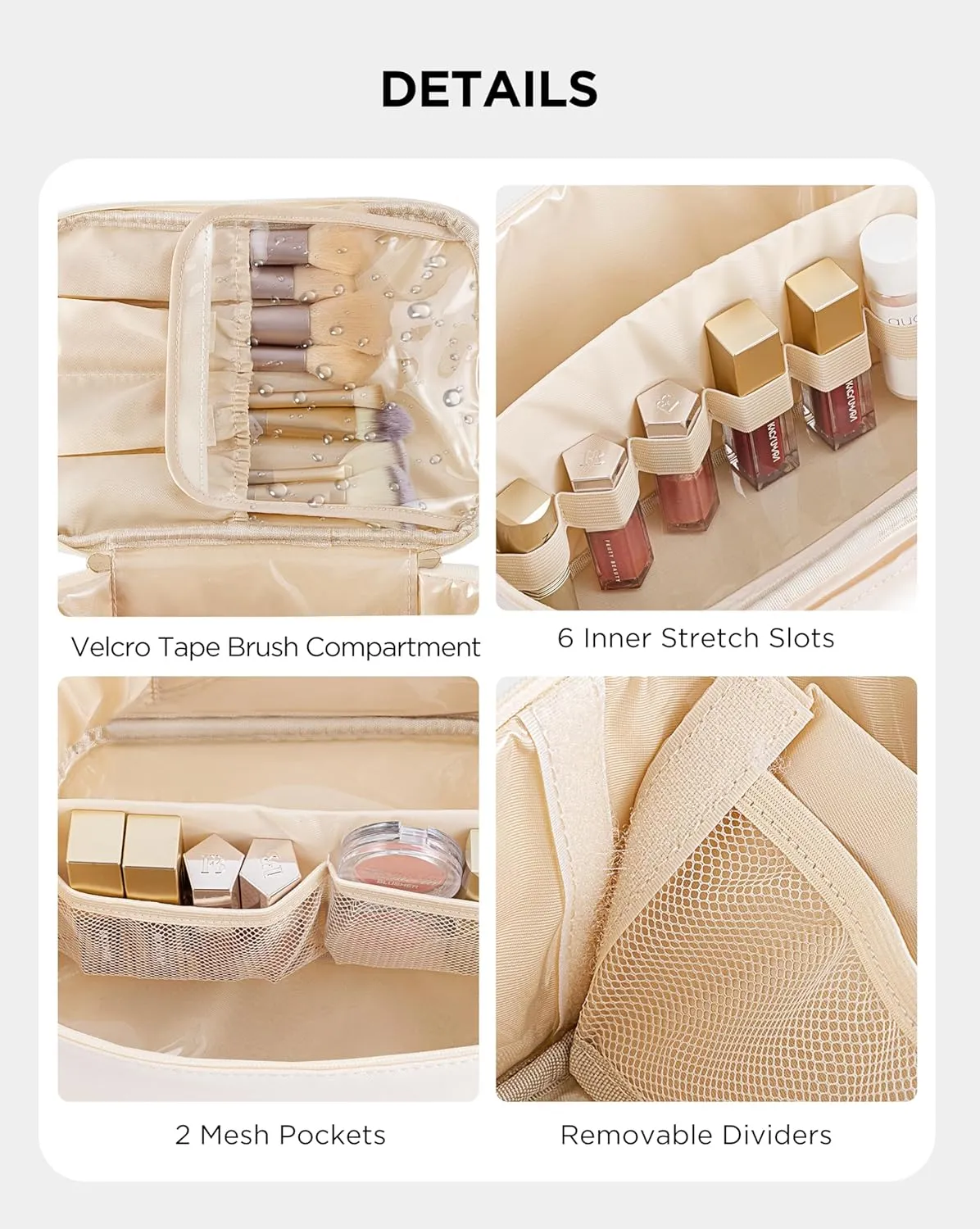 HBlife Travel Makeup Bag Portable Cute Leather Cosmetic Bag Large Make Up Bag Makeup Case Organizer Toiletry Bag for Women Girls with Handle and Removable Divider (Beige)