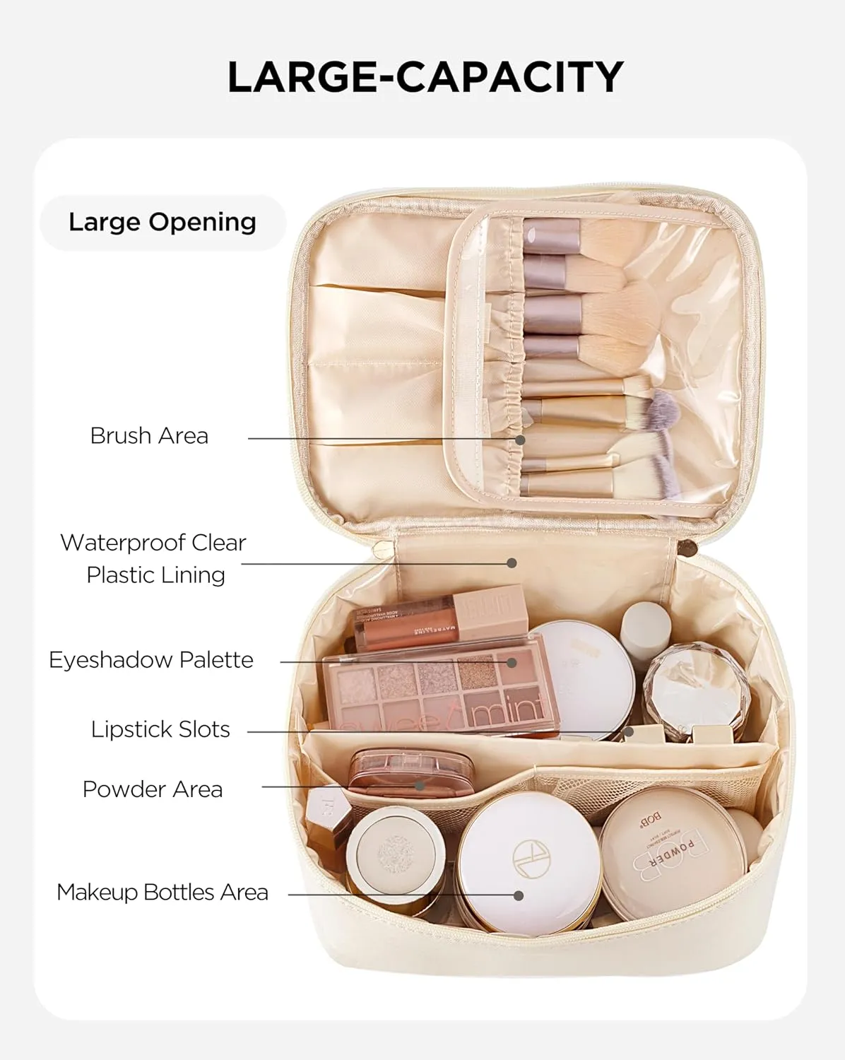 HBlife Travel Makeup Bag Portable Cute Leather Cosmetic Bag Large Make Up Bag Makeup Case Organizer Toiletry Bag for Women Girls with Handle and Removable Divider (Beige)
