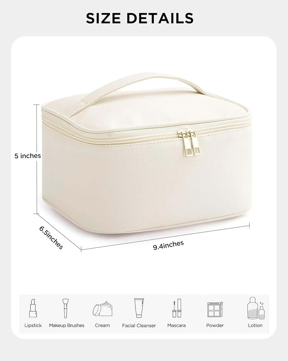 HBlife Travel Makeup Bag Portable Cute Leather Cosmetic Bag Large Make Up Bag Makeup Case Organizer Toiletry Bag for Women Girls with Handle and Removable Divider (Beige)