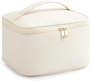 HBlife Travel Makeup Bag Portable Cute Leather Cosmetic Bag Large Make Up Bag Makeup Case Organizer Toiletry Bag for Women Girls with Handle and Removable Divider (Beige)