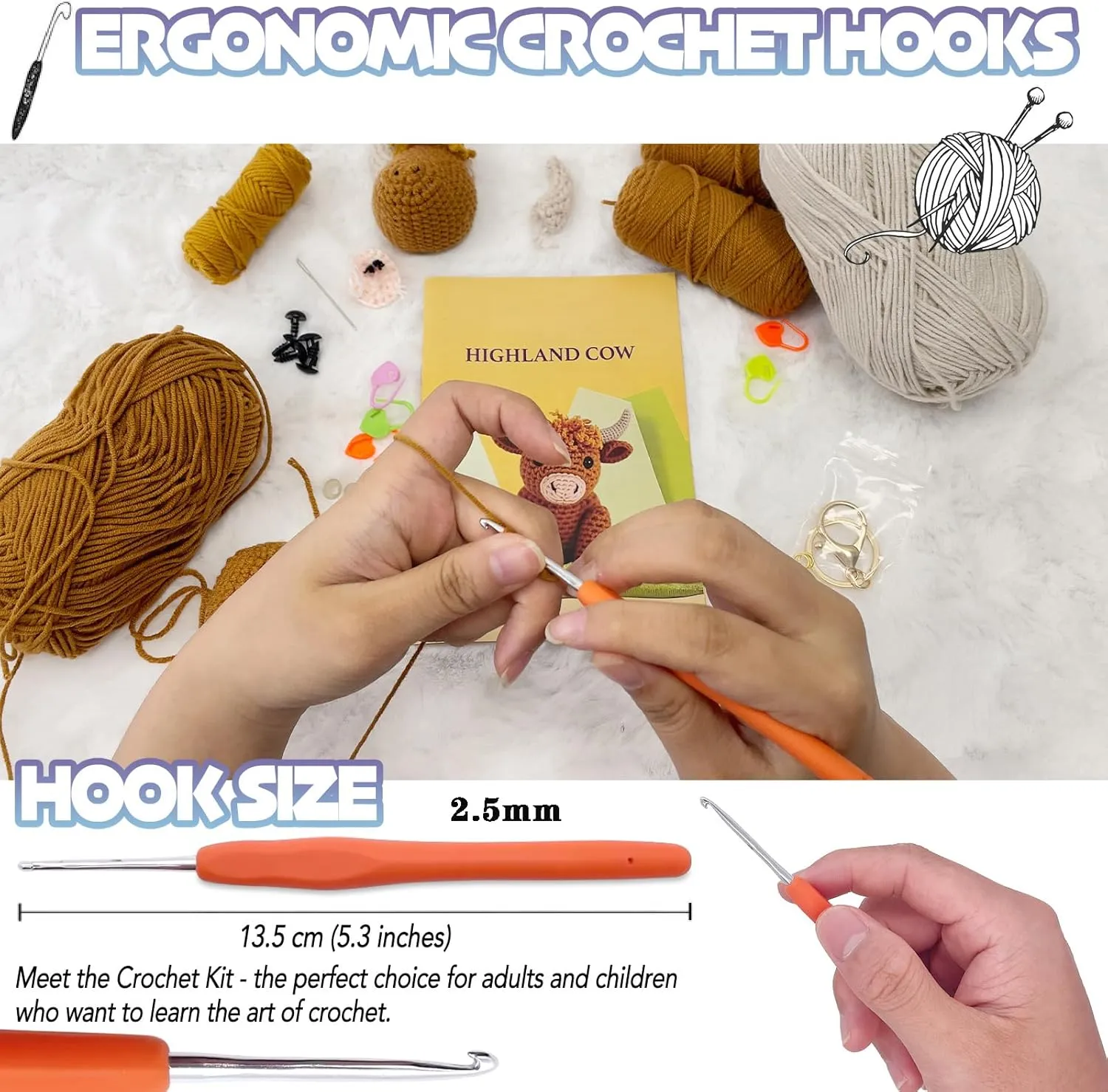 Highland Cow Crochet Kit for Beginners Intermediates - 2 Pcs Animals Craft Crochet Starter Kit with Step-by-Step Video Tutorial, Easy Knitting Set for Adults Kids, Women Learn to Crocheting Gift Idea