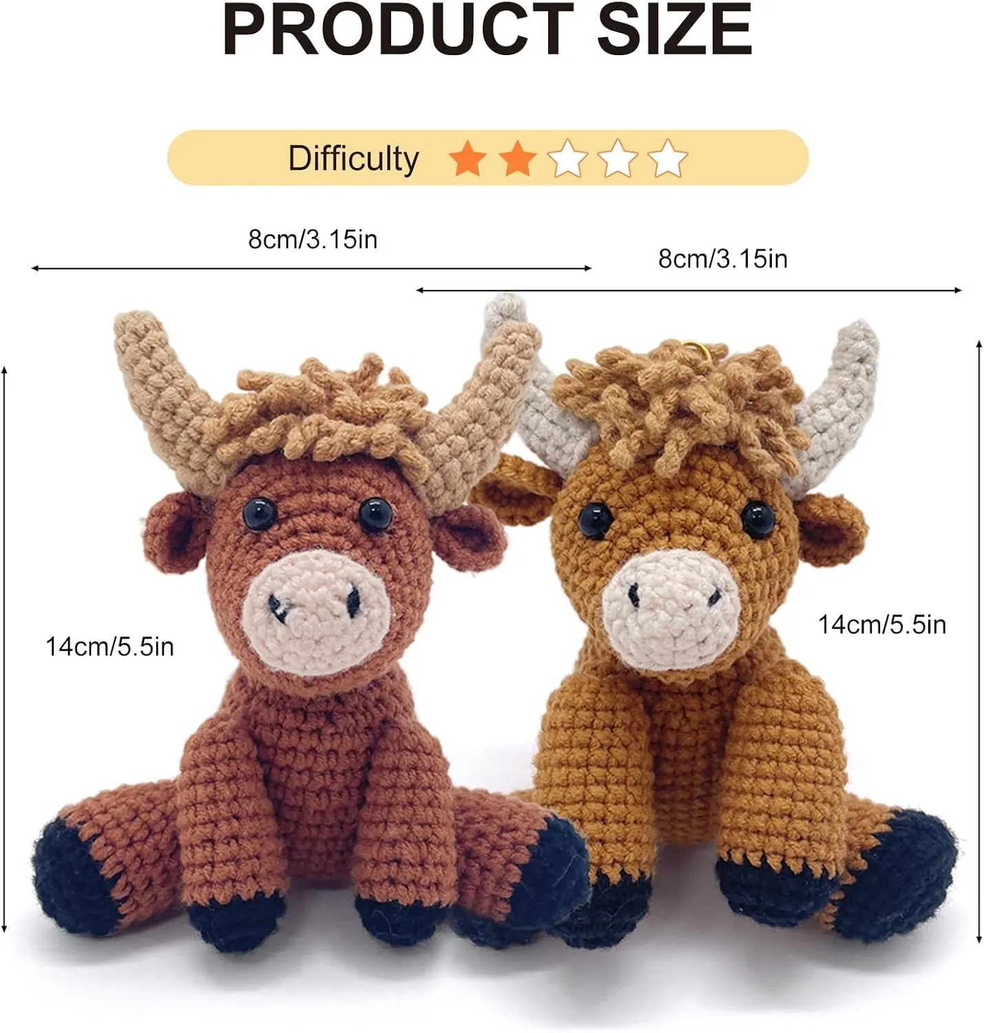 Highland Cow Crochet Kit for Beginners Intermediates - 2 Pcs Animals Craft Crochet Starter Kit with Step-by-Step Video Tutorial, Easy Knitting Set for Adults Kids, Women Learn to Crocheting Gift Idea