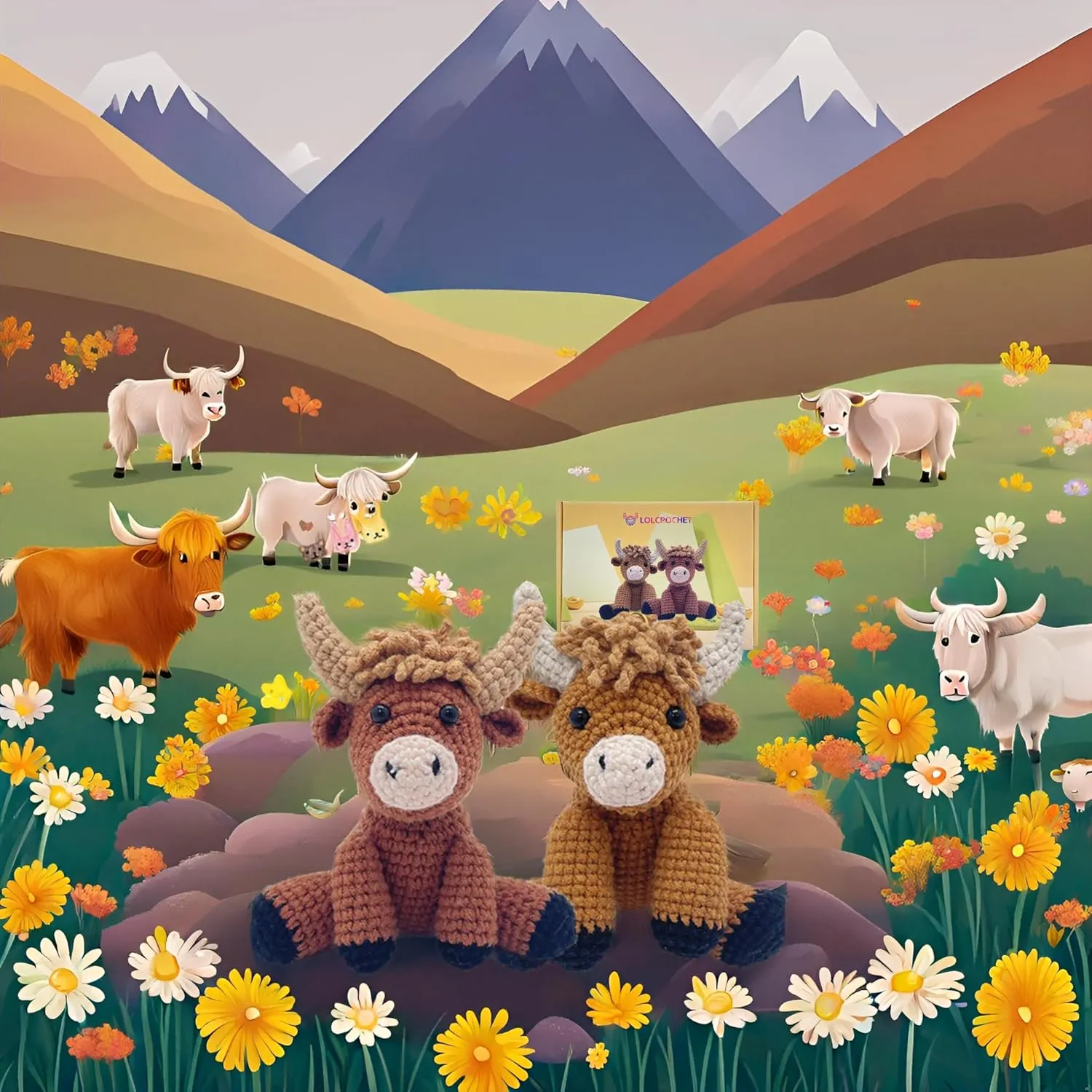 Highland Cow Crochet Kit for Beginners Intermediates - 2 Pcs Animals Craft Crochet Starter Kit with Step-by-Step Video Tutorial, Easy Knitting Set for Adults Kids, Women Learn to Crocheting Gift Idea