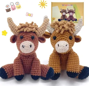 Highland Cow Crochet Kit for Beginners Intermediates - 2 Pcs Animals Craft Crochet Starter Kit with Step-by-Step Video Tutorial, Easy Knitting Set for Adults Kids, Women Learn to Crocheting Gift Idea