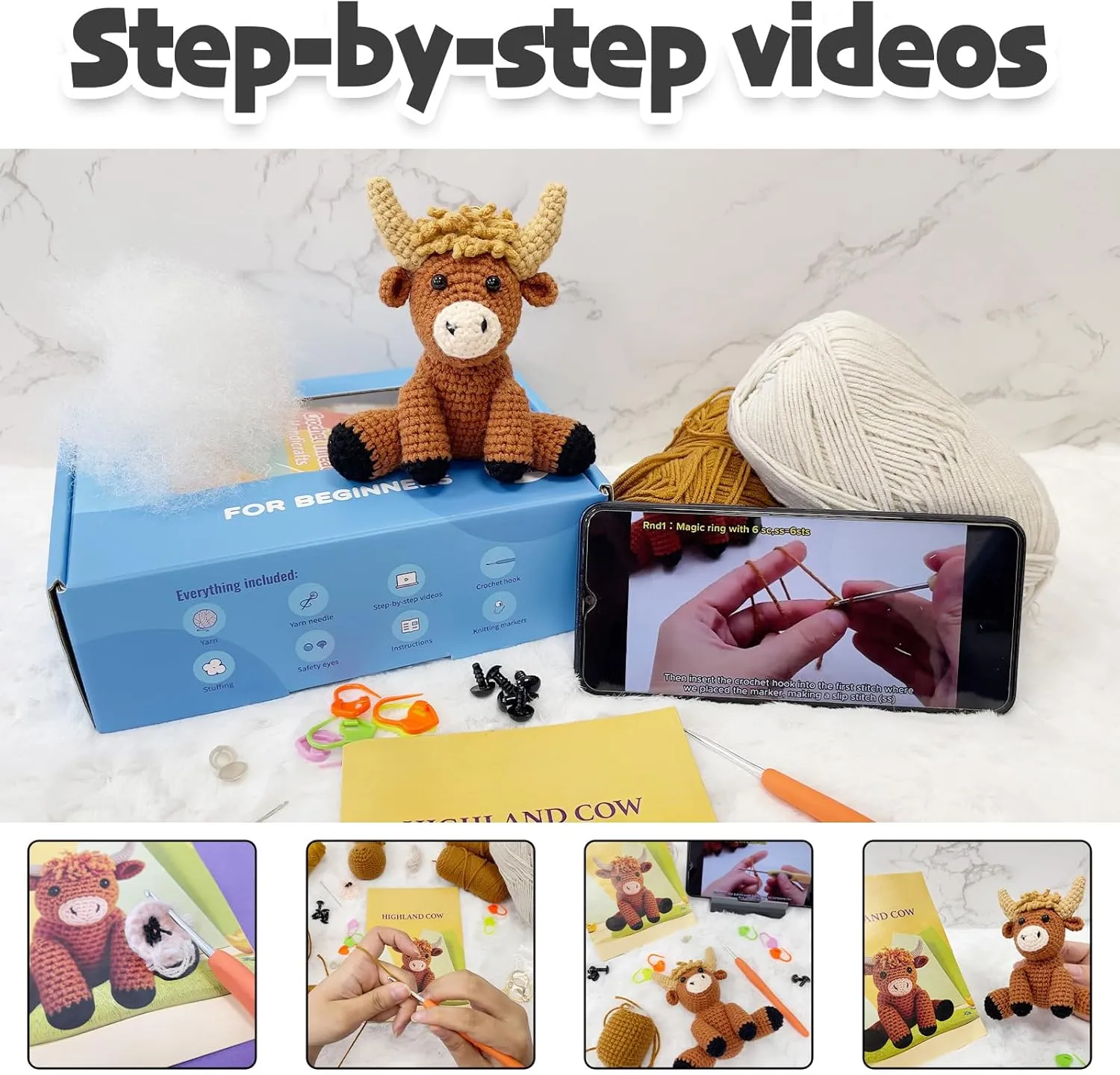 Highland Cow Crochet Kit for Beginners Intermediates - 2 Pcs Animals Craft Crochet Starter Kit with Step-by-Step Video Tutorial, Easy Knitting Set for Adults Kids, Women Learn to Crocheting Gift Idea