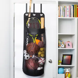 Honey-Can-Do Hanging Sports Equipment Organizer with Hooks, Black Mesh, 16 in W x 43 in H x 12 in D