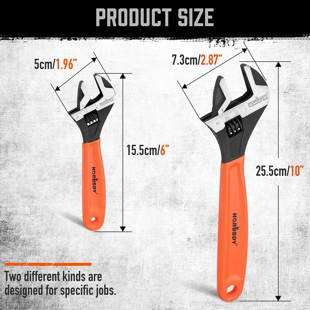 HORUSDY Adjustable Wrench Set | 2-Piece | 6-Inch and 10-Inch Crescent Wrench | Metric & SAE Scales | Cushion Grip Wrench | Cr-V Steel