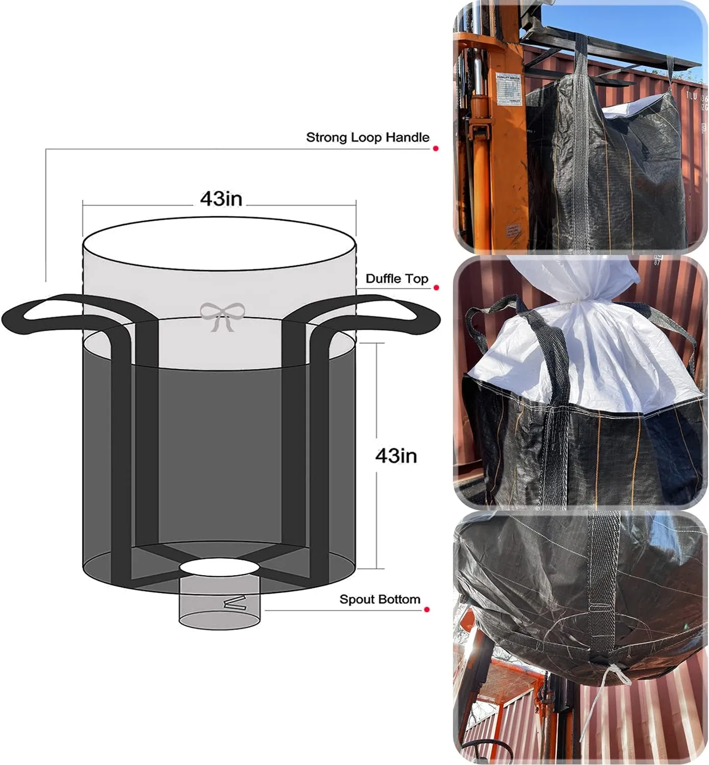 HTTMT- (1Pack) Large 43"x43" Black Flexible Intermediate Bulk Container Bag 2600LBS 1.2Ton /1.3 Cubic Yard/Bulk Bag [P/N: ET-FIBC01-BK]