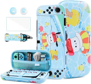 HYPERCASE 8 in 1 Cute Switch OLED Case Accessories Kit, with Blue Carrying Travel Bag Pouch of Pocha Dog, Hard Cover Skin, Screen Protector, Shoulder Straps & 2 Thump Caps