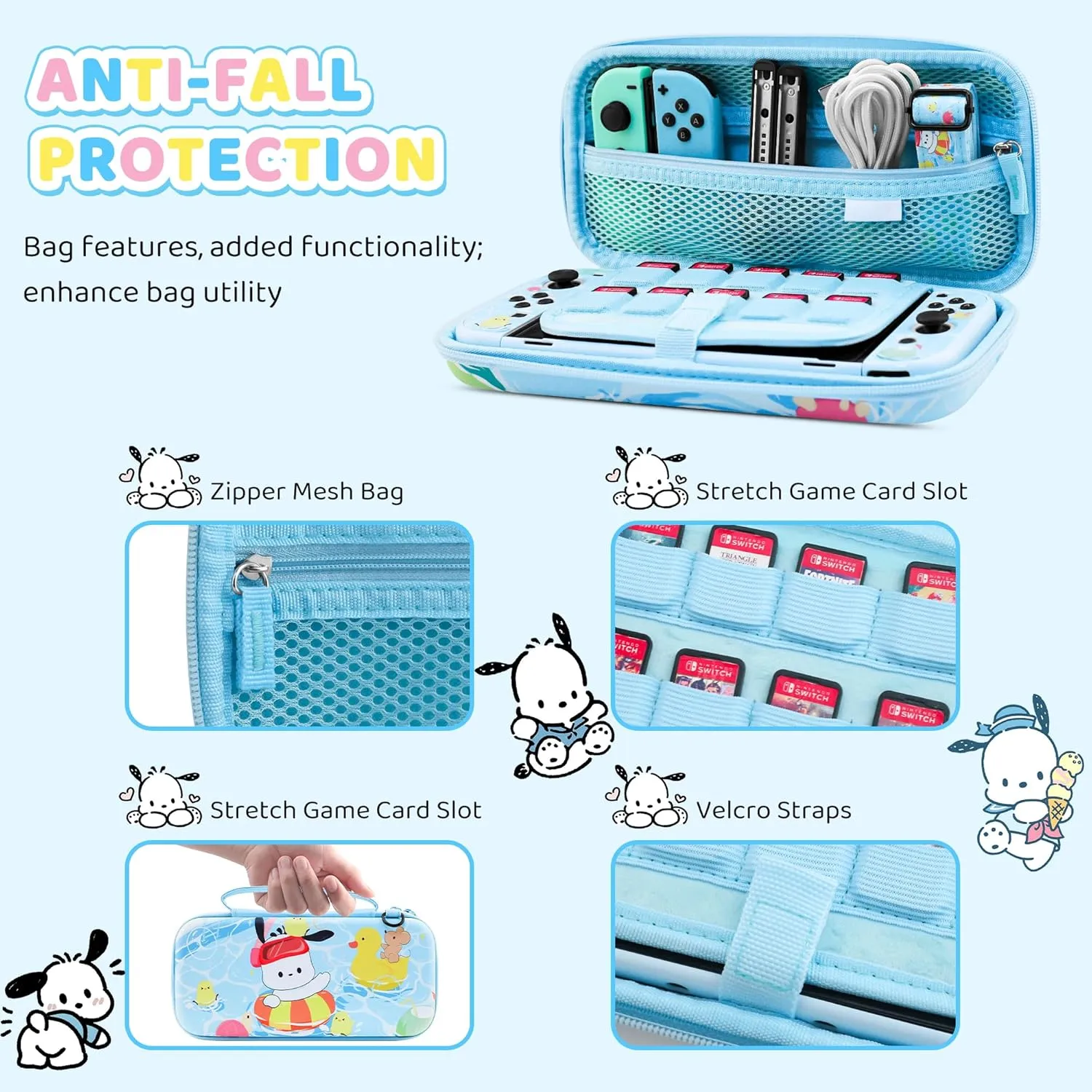 HYPERCASE 8 in 1 Cute Switch OLED Case Accessories Kit, with Blue Carrying Travel Bag Pouch of Pocha Dog, Hard Cover Skin, Screen Protector, Shoulder Straps & 2 Thump Caps