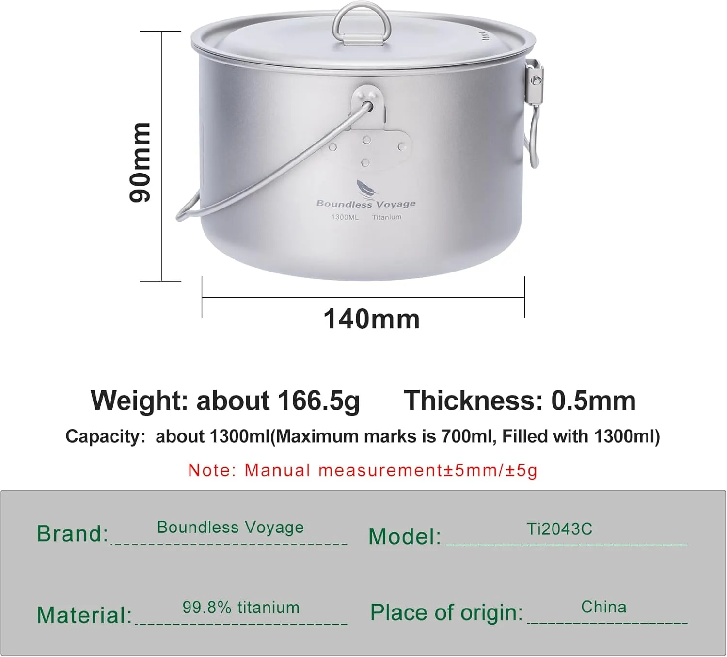 iBasingo 1.3L (1300ml) Titanium Pot with Lid Lightweight Backpacking Cook Pot for Solo Camping, Hiking & Backpackers, Portable Camping Cookware with Measurement Marks Ti2043C