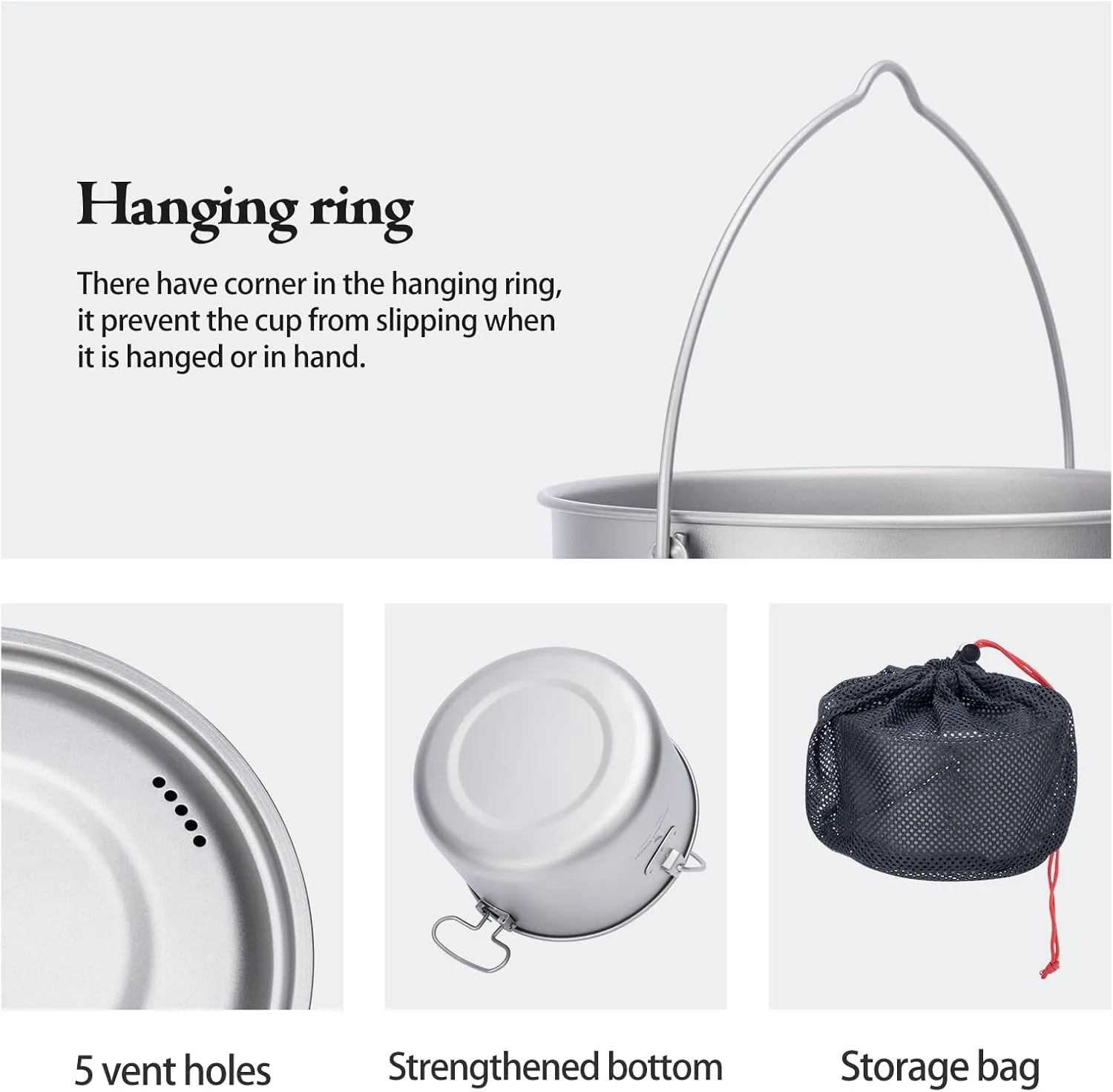 iBasingo 1.3L (1300ml) Titanium Pot with Lid Lightweight Backpacking Cook Pot for Solo Camping, Hiking & Backpackers, Portable Camping Cookware with Measurement Marks Ti2043C