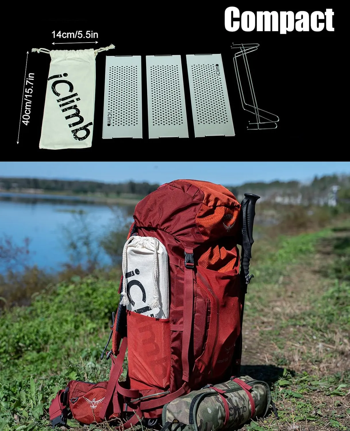 iClimb Mini Solo Folding Table Ultralight Compact for Backpacking Camping Hiking Beach Picnic (Gunmetal, L)